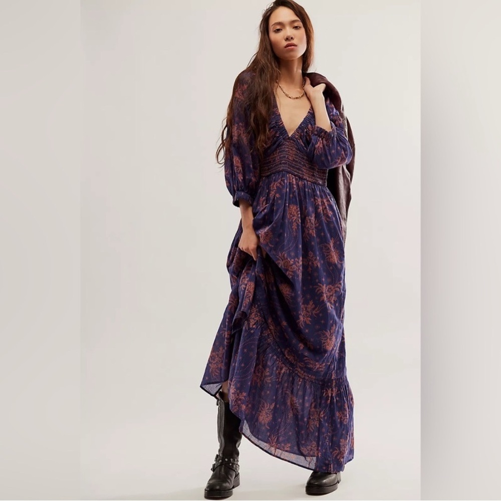 Bohemian V-Neck Maxi Dress in Deep Blue with Rust Floral Print